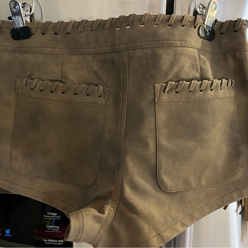 Free People Tan High-Waist Fringe Suede-Look Shorts - Picture 2 of 6
